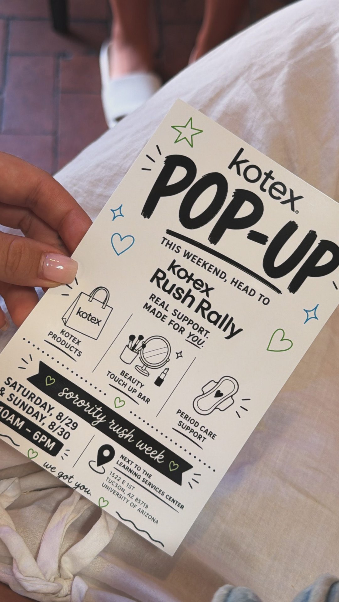 Kotex Rush Rally flyers distributed and posted around the University of Arizona campus