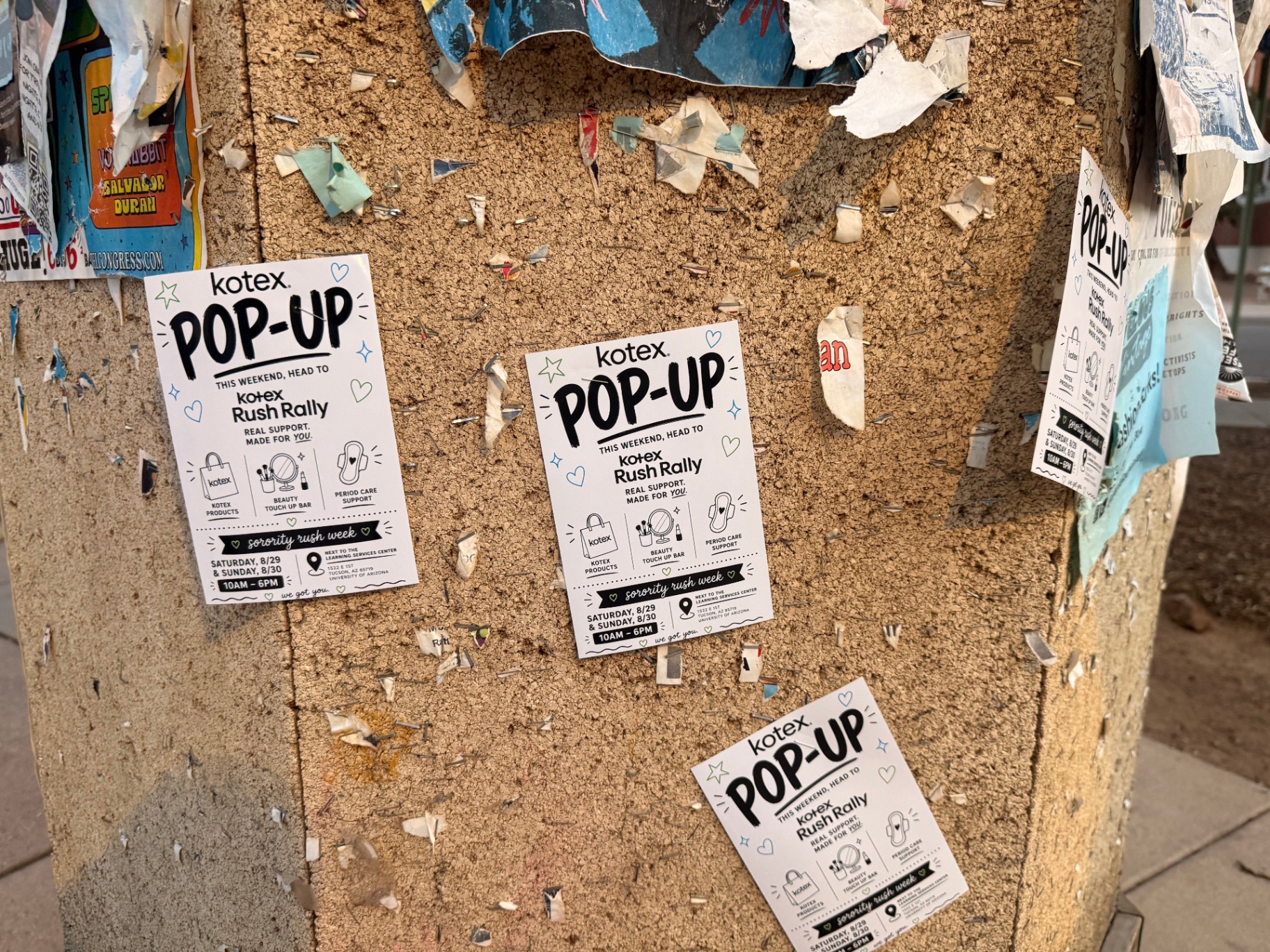 Kotex Rush Rally flyers distributed and posted around the University of Arizona campus