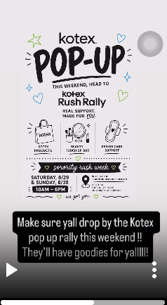 Janae Wright Instagram story for the Kotex Rush Rally pop-up