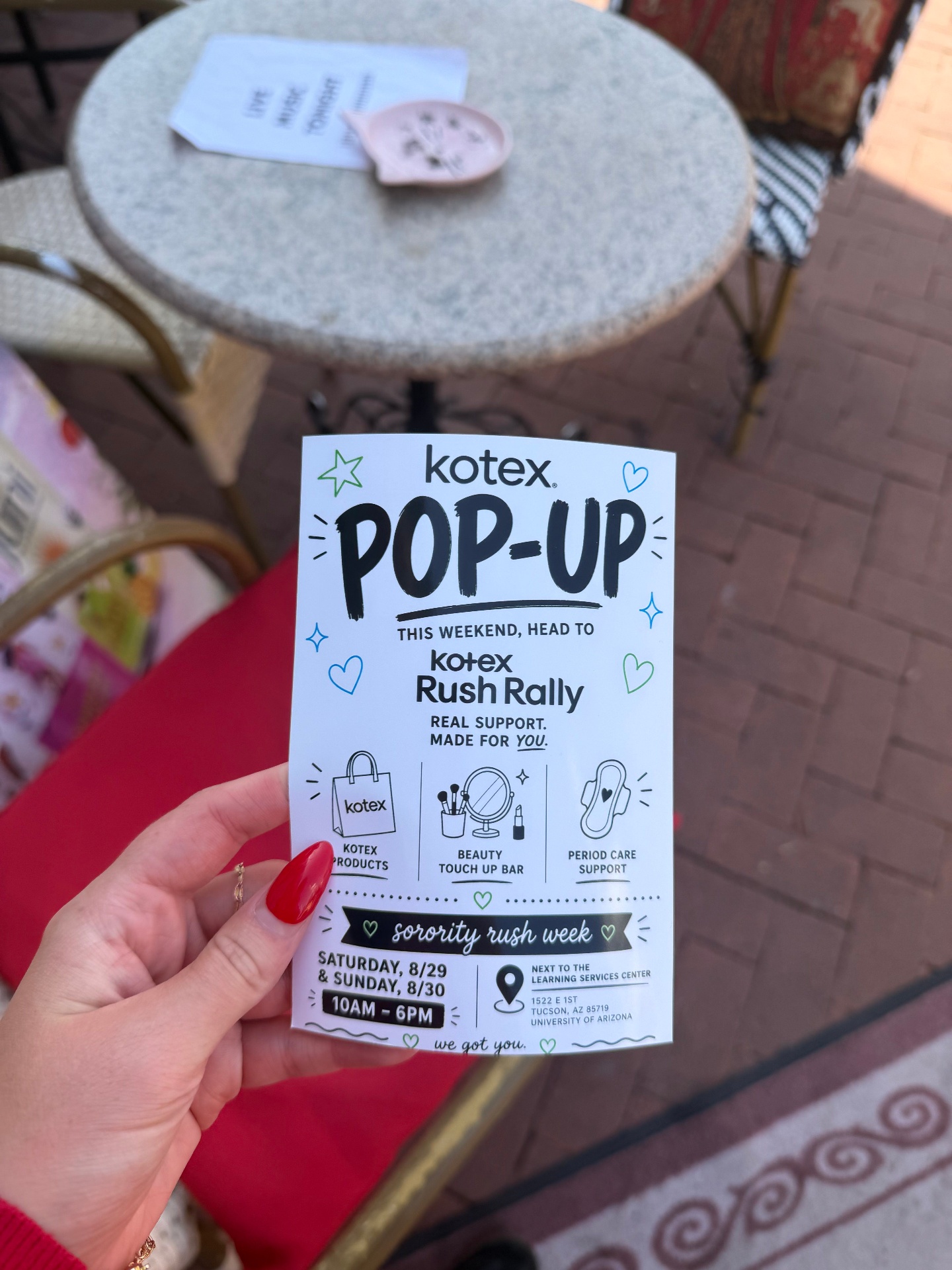 Kotex Rush Rally flyers distributed and posted around the University of Arizona campus