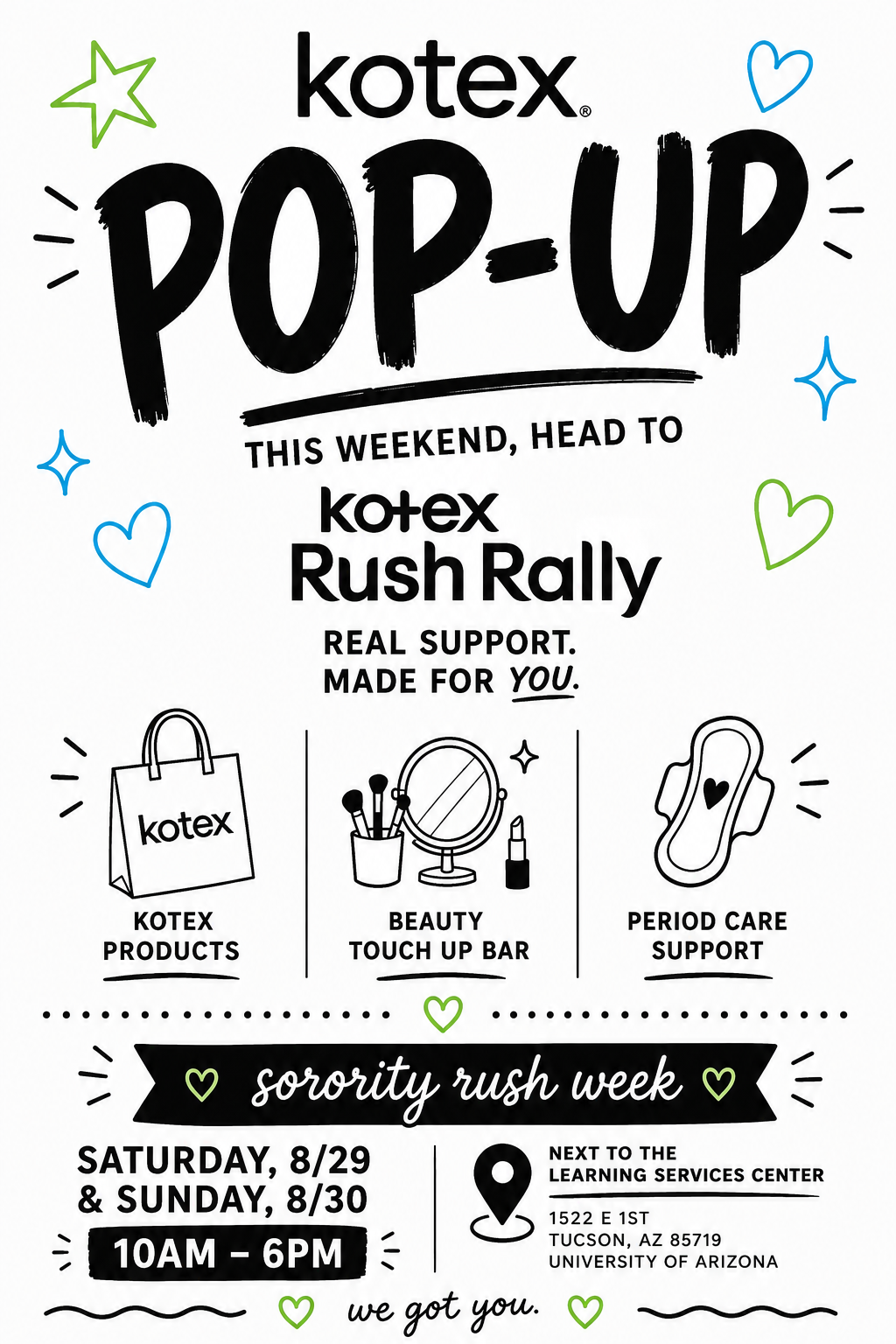 Kotex Rush Rally pop-up flyer — Saturday 8/29 & Sunday 8/30, next to the Learning Services Center, University of Arizona