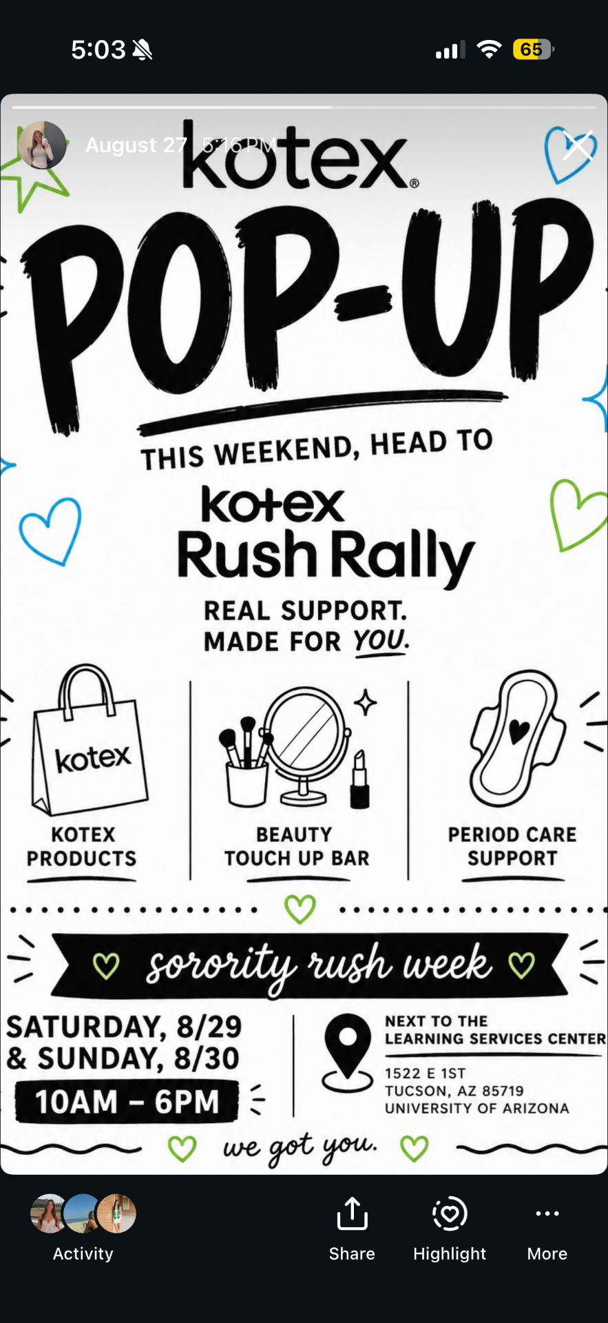 Brianna Villegas Instagram story for the Kotex Rush Rally pop-up