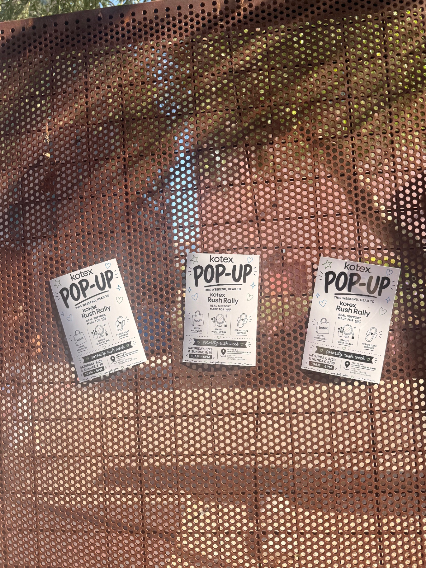 Kotex Rush Rally flyers distributed and posted around the University of Arizona campus