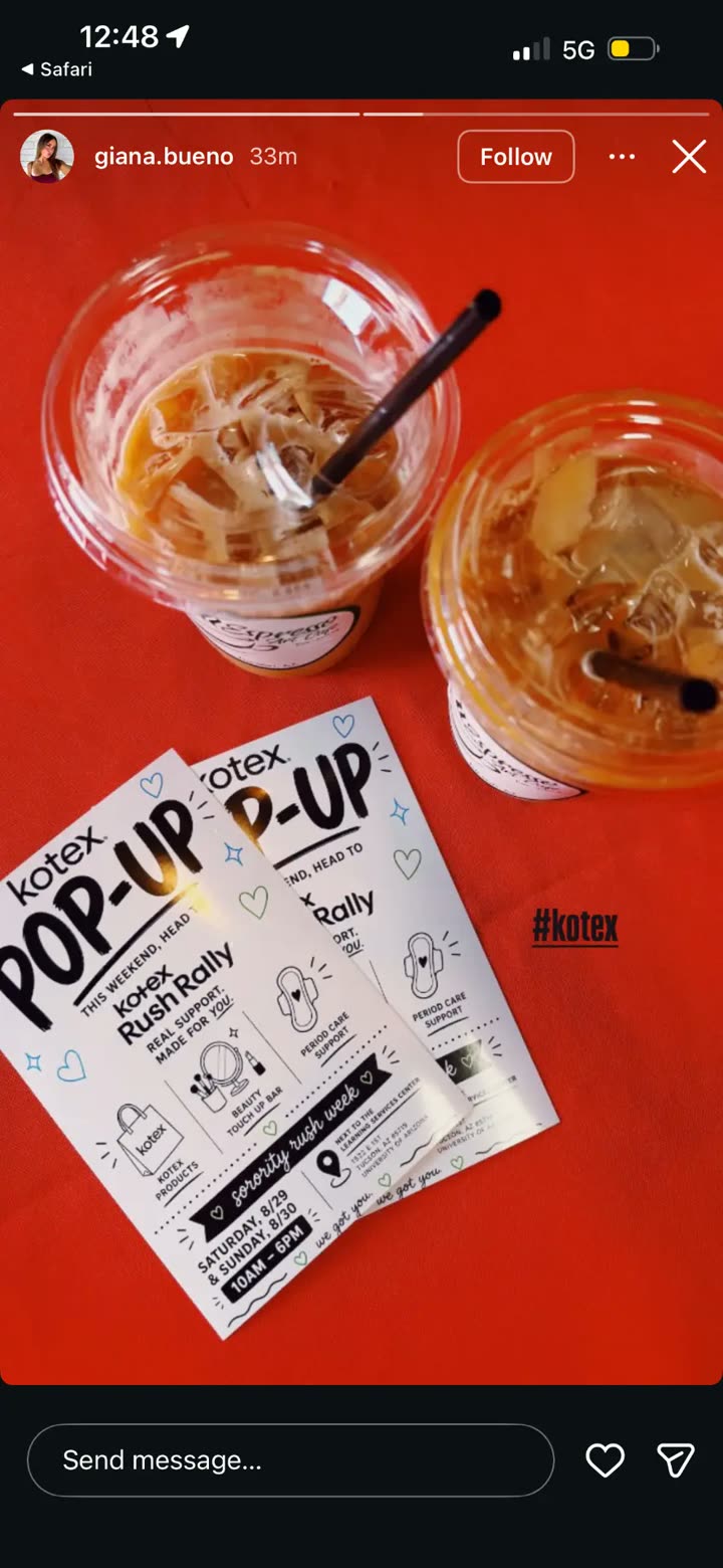 Giana Bueno Instagram story for the Kotex Rush Rally pop-up