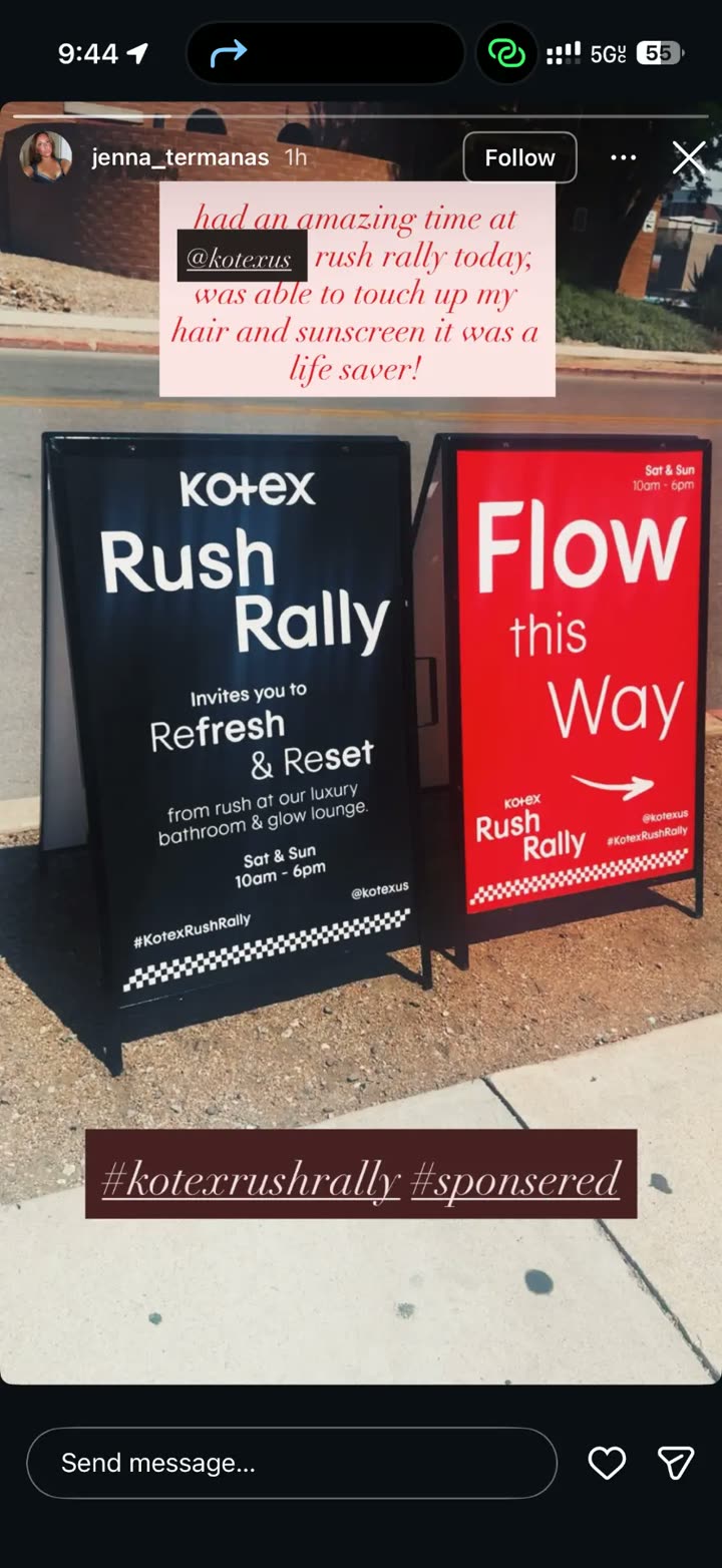 Jenna Termanas Instagram story for the Kotex Rush Rally pop-up